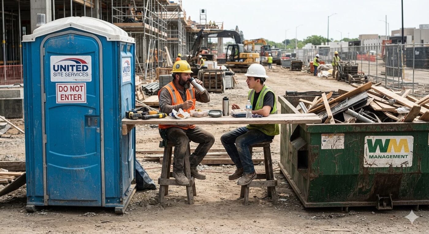 Worker beside a jobsite portable toilet unit