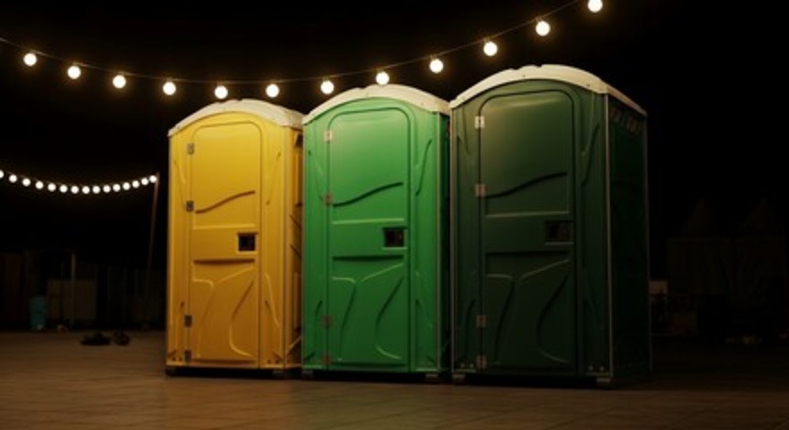 Colorful portable restrooms decorated with string lights at an evening event